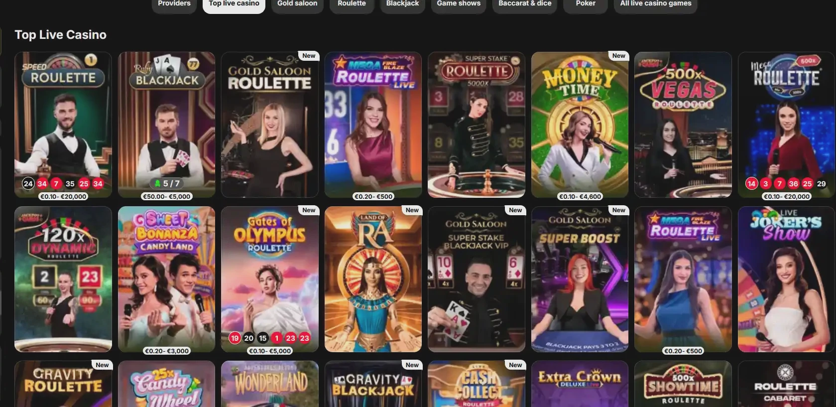 Spinit Casino live dealer lobby with roulette, blackjack and game show tables